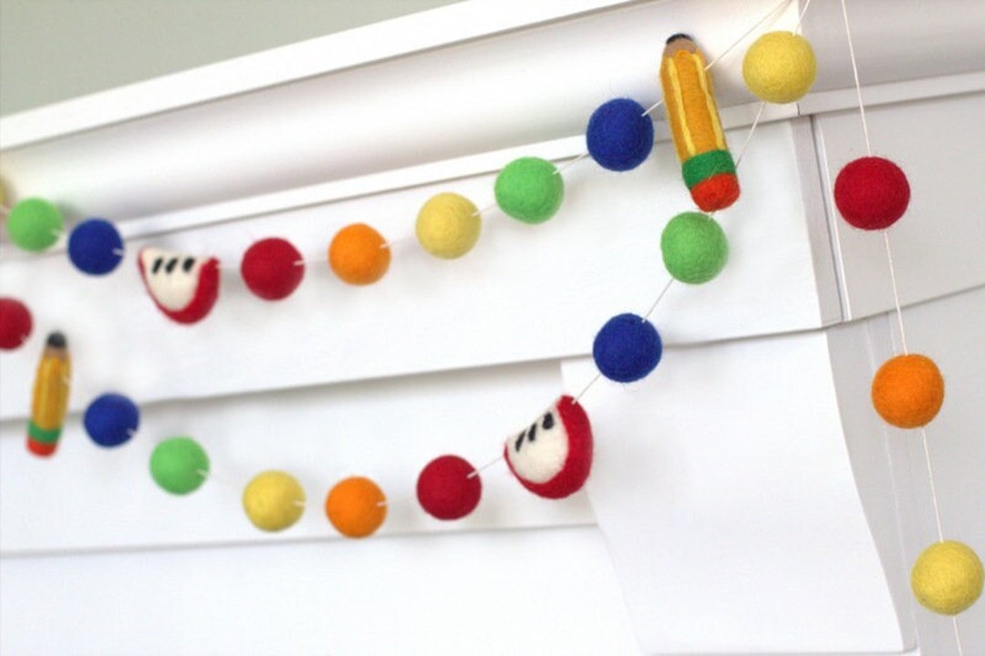 Back to School Pencil & Apple Felt Garland- 1" Felt Balls, 2" Apples, 2 ...