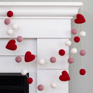 Valentine's Day Felt Garland Decor- 1" Felt Balls, 1.75" Hearts- Red, Pink, White- Mantel Banner, Shelf Home Decor - 100% Wool