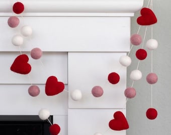 Valentine's Day Felt Garland Decor- 1" Felt Balls, 1.75" Hearts- Red, Pink, White- Mantel Banner, Shelf Home Decor - 100% Wool
