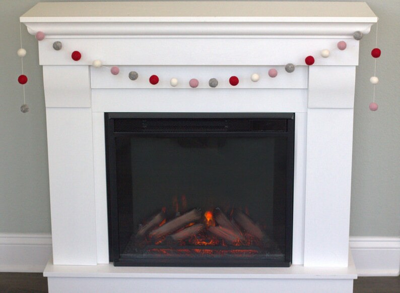 Valentine's Decor Garland 1 Felt Balls Red, Pink, Gray & White Mantle Banner, Shelf Home Decor 100% Wool image 2