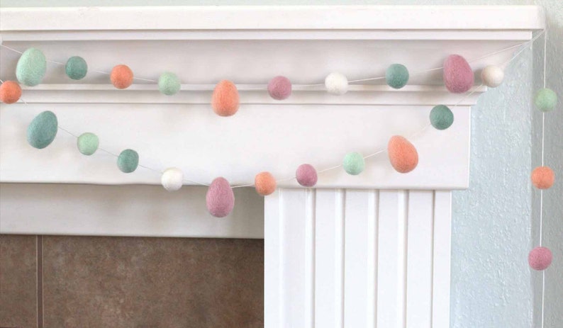 Easter Egg Garland 1 Felt Balls, 1.75-2 Eggs Spring Mantle Banner, Shelf Home Decor 100% Wool image 9