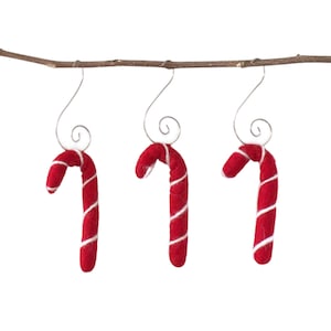 May include: Three red and white striped felt candy cane ornaments hanging from a branch.