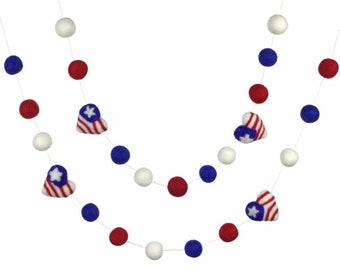 American Flag Hearts Garland- 1" Felt Balls, 1.75" Hearts- Red White Blue- Holiday Party- Memorial Day- Fourth July- 100% Wool