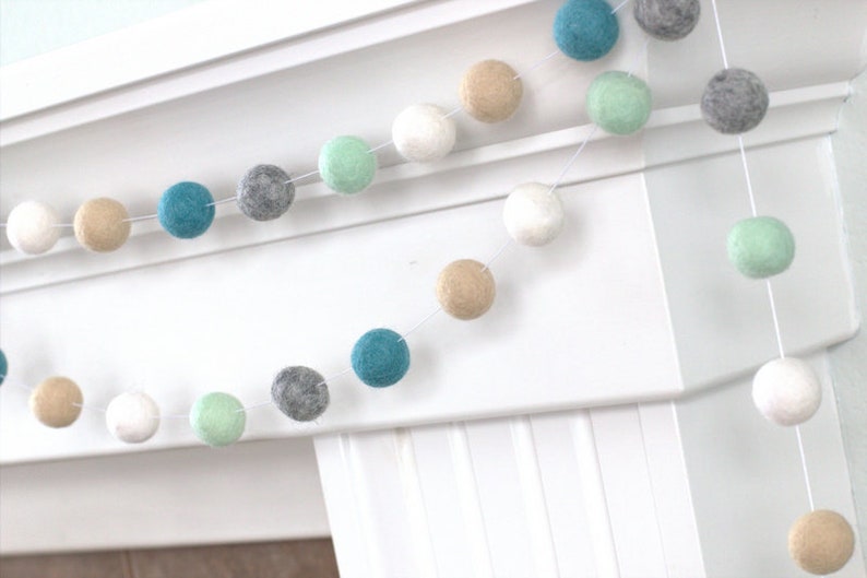 Felt Ball Garland Light Teal Seafoam Almond Gray & White Etsy