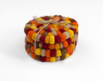 Fall Felt Coasters- 4" Wide- Set of 4 or 6- 100% Wool- Autumn Handmade Gift Idea- Thanksgiving Tea Coffee Table Accessories