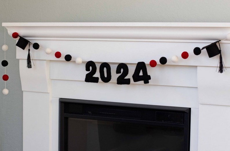 CUSTOM Graduation 2024 Garland CHOOSE Your Colors 6 ft STRING 1 Felt Balls, 2 Caps, 3 Numbers image 8