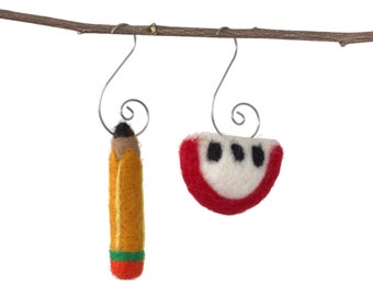 Teacher Gift Ornaments- SET of 2- Back to School Pencil & Apple- First Day Classroom Decor- Pencil approx 2.75" x 0.75", Apple approx 2"