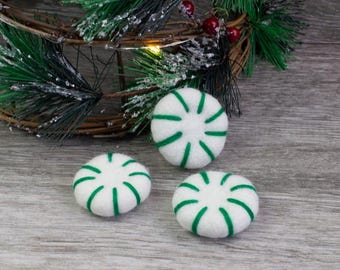 Felt Peppermints Green Stripes- Christmas Home Decor, Winter Tiered Tray, Candy Cane Bowl Filler- Approx. 1.75"- Handmade