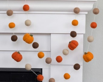 Fall Pumpkin Garland, Thanksgiving Mantel Decor - Orange Brown - 1" Balls, 1.5" Pumpkins- Handmade