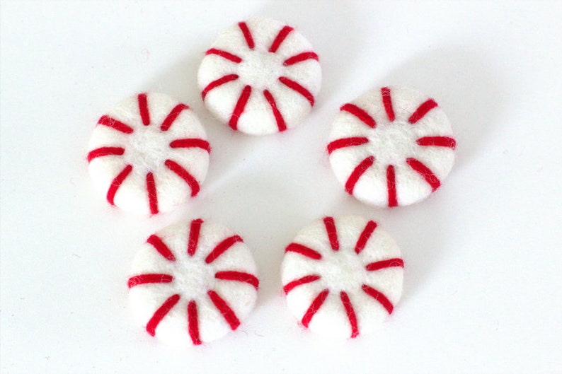 Felt Peppermints Red & White Christmas Home Decor, Winter Tiered Tray, Candy Cane Bowl Filler, Stocking Stuffer, Wool Cat Toy Approx 1.75 image 5