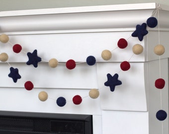 Fourth of July American Flag Garland- 1" Felt Balls, 2" Stars- Burgundy Red, Navy Blue, White, with Stars- USA Memorial Day Decor- 100% Wool