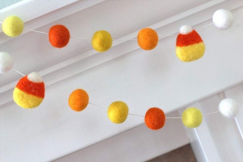 Candy Corn Garland Oranges & Yellows Fall Mantle Banner, Autumn Shelf, Thanksgiving Harvest, Party Decor 1 Felt Balls 100% Wool image 10