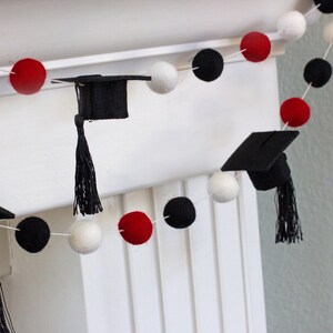 Graduation Cap Garland Decor 1 Felt Balls, 2 Wide Caps Red Black White with BLACK tassels Mortar Board Hat Mantle Party Banner image 9