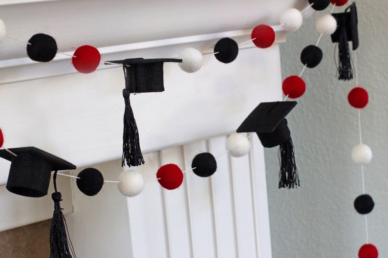 Graduation Cap Garland Decor 1 Felt Balls, 2 Wide Caps Red Black White with BLACK tassels Mortar Board Hat Mantle Party Banner image 9