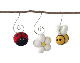 Felt Spring Ornaments- SET OF 3- Bumble Bee, Ladybug, Daisy Flower- Easter Tree, Summer Decor Gift- 100% Wool Felt