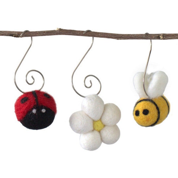 Felt Spring Ornaments- SET OF 3- Bumble Bee, Ladybug, Daisy Flower- Easter Tree, Summer Decor Gift- 100% Wool Felt