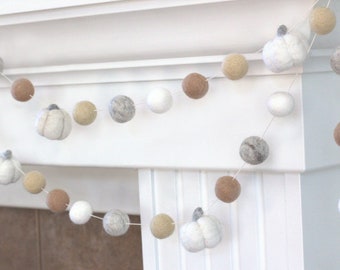 Fall Pumpkin Garland- Neutral White Tan, Gray- Halloween Mantel Banner, Autumn Shelf, Thanksgiving Decor- 1"  Felt Balls 1.5" Pumpkin