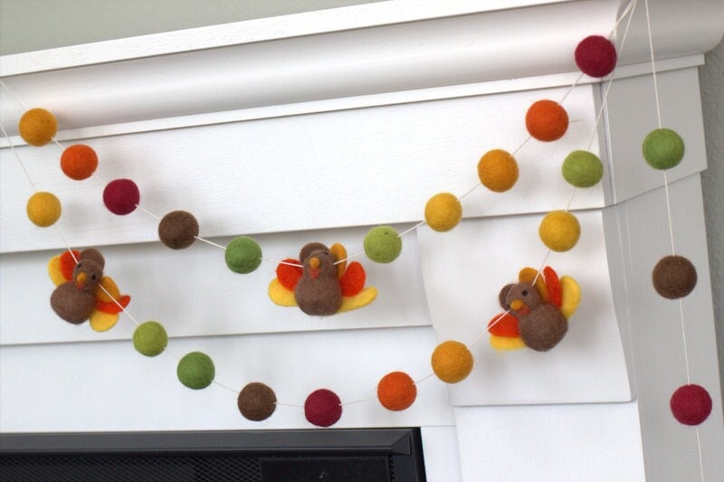 Thanksgiving Turkey Garland Decor- Brown Burgundy Green Orange- Fall Harvest Mantel Banner, Autumn Shelf Bunting- 1" Felt Balls 2.5" Turkeys