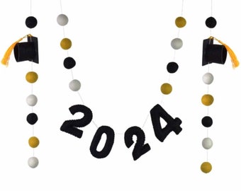 2024 Graduation Garland- 6 FT STRING- 20 1" Felt Balls, 2" Caps, 3" Numbers- Black Gold White with GOLD tassels - Mortar Board Party Decor