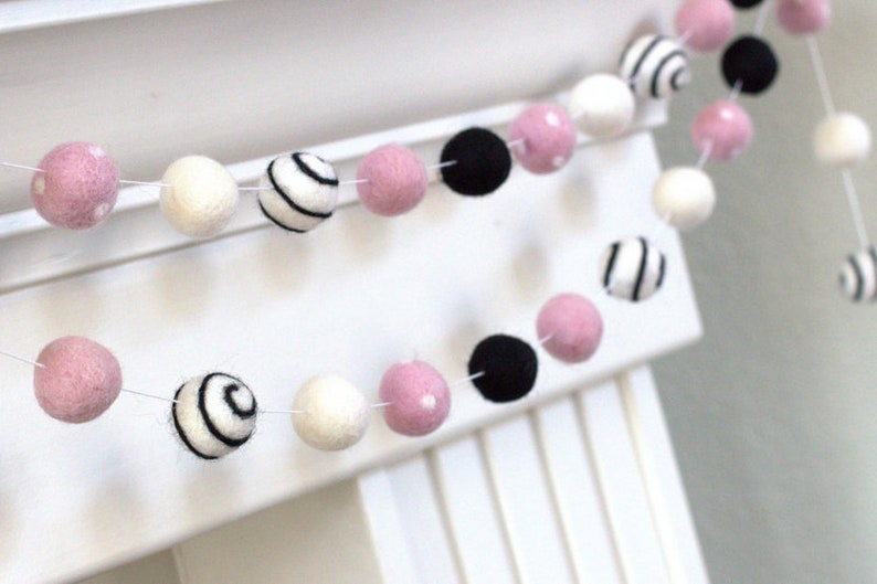 Felt Ball Garland Swirls & Dots in Black Baby Pink White Etsy