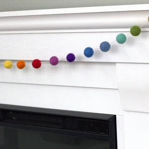 Rainbow Felt Ball Garland Mantle Banner, Shelf Bunting, Nursery Decor, Children's Playroom, Birthday Party 1 Felt Balls 100% Wool image 7