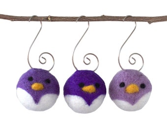 Bird Tree Ornaments- SET OF 3 or 6- Purple Chicks with Silver Hooks- Spring Decor, Christmas Gift
