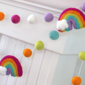 Rainbow Felt Garland- 1" Balls, 3.5" Rainbows- Bright Pink- Wool Felt Balls- Clouds- Playroom Nursery Children's Room Decor- 100% Wool