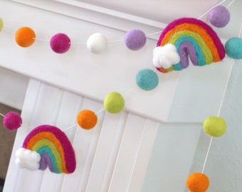 Rainbow Felt Garland- 1" Balls, 3.5" Rainbows- Bright Pink- Wool Felt Balls- Clouds- Playroom Nursery Children's Room Decor- 100% Wool