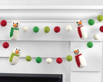 Snowman Christmas Garland- Red & Green- Mantle Banner, Holiday Shelf, Winter Party Home Decor- 1" Wool Felt Balls, Approx 3" Snowmen