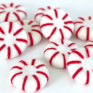 Felt Peppermints Red & White Christmas Home Decor, Winter Tiered Tray, Candy Cane Bowl Filler, Stocking Stuffer, Wool Cat Toy Approx 1.75 image 2