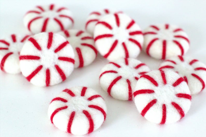 Felt Peppermints Red & White Christmas Home Decor, Winter Tiered Tray, Candy Cane Bowl Filler, Stocking Stuffer, Wool Cat Toy Approx 1.75 image 2