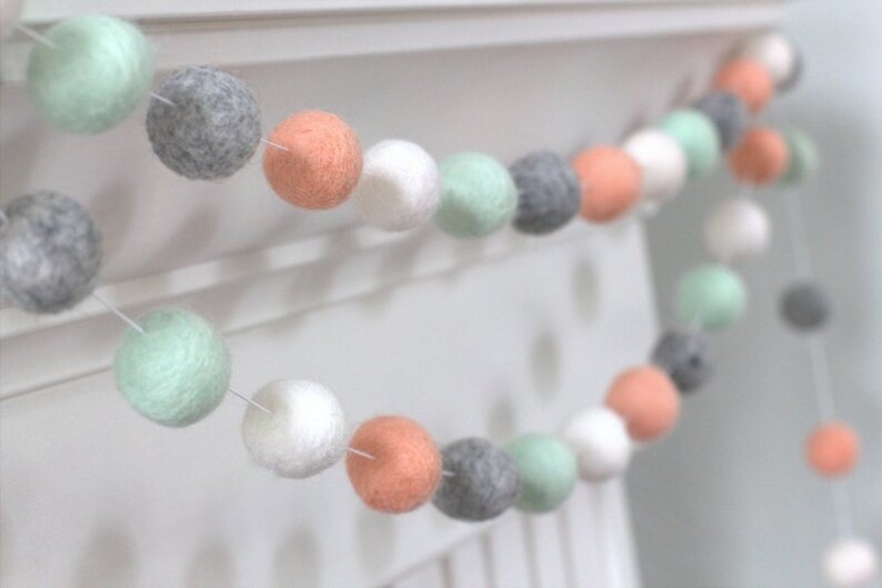Felt Ball Garland Peach Seafoam Gray & White Nursery Etsy