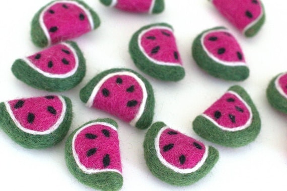 Watermelon Slice Pink Felt Shapes- Pink & Green Fruit- Spring Tiered Tray, Summer Bowl Filler, Kitchen Home Decor- Approx. 2"- Handmade
