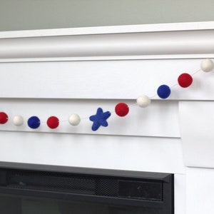 Fourth July Garland Decor 1 Felt Balls, 2 Stars Red White Royal Blue Memorial Day Party, American Flag Mantle Banner, Labor Day Shelf image 7