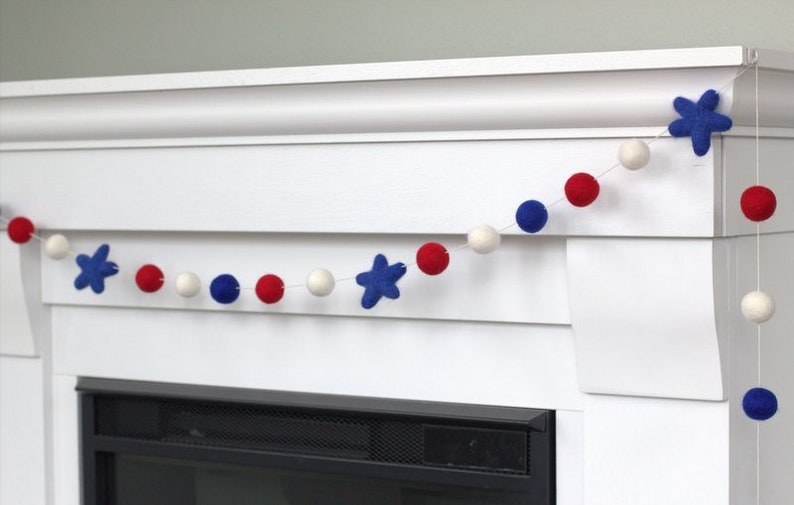 Fourth July Garland Decor 1 Felt Balls, 2 Stars Red White Royal Blue Memorial Day Party, American Flag Mantle Banner, Labor Day Shelf image 7