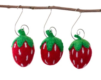 Felt Strawberry Ornaments- Red & Green- SET OF 3 or 5- Silver Swirl Hook- Spring Tree Home Decor, Summer Fruit- Strawberries Approx 2" Tall