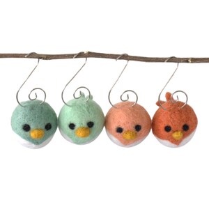 Bird Tree Ornaments - Set of 4 with Silver Hooks - Teal & Peach Chicks - Wool Felt Tree Decor - Approx 1.5" x 2"- Handmade