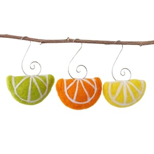 Fruit Slice Ornaments SET OF 3 Silver Swirl Hook Summer Citrus Tree, Spring Home Decor, Yellow Orange Green Fruit Slices Approx 2 Wide image 1