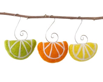 Fruit Slice Ornaments- SET OF 3- Silver Swirl Hook- Summer Citrus Tree, Spring Home Decor, Yellow Orange Green- Fruit Slices Approx 2" Wide