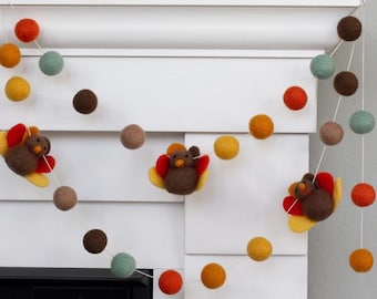Thanksgiving Turkey Fall Felt Garland- Teal Orange Gold- Harvest Mantel Banner, Autumn Shelf Home Decor- 1" Balls, 2.5" Turkeys- Handmade