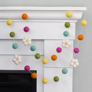 Felt Daisy Flower Garland- 1" Balls, 1 7/8" Daisies- Bright Colors- Spring Mantel Banner, Summer Shelf, Easter Home Decor- 100% Wool