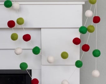 Felt Christmas Garland- Red, Green- Holiday Mantel Banner, Winter Home Decor - 1" Felt Balls- 100% Wool