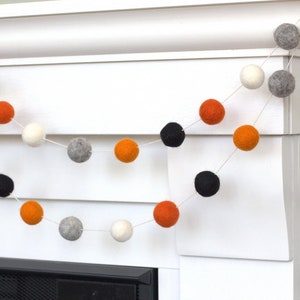 Halloween Felt Garland- Black, Gray, Orange & White- Fall Mantle Banner, Autumn Shelf, Spooky Home Decor- 1" Felt Balls- 100% Wool