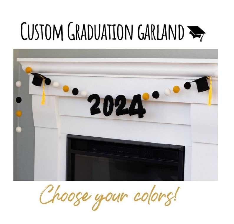 CUSTOM Graduation 2024 Garland CHOOSE Your Colors 6 ft STRING 1 Felt Balls, 2 Caps, 3 Numbers image 1