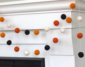 Halloween Felt Ball Garland- Black, Tangerine, Orange & White- Nursery- Holiday- Party- Childrens Room- 1" Felt Balls- 100% Wool