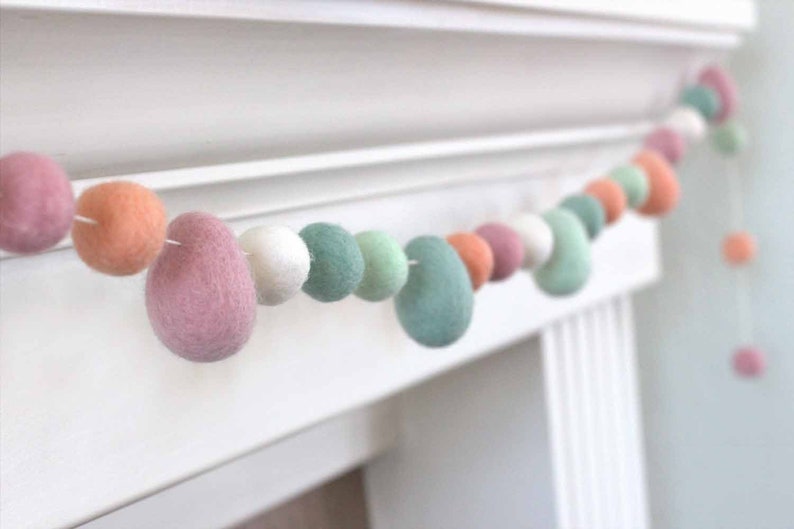 Easter Egg Garland 1 Felt Balls, 1.75-2 Eggs Spring Mantle Banner, Shelf Home Decor 100% Wool image 1