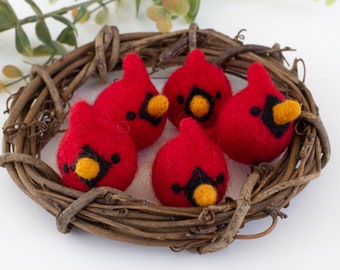 Cardinal Felt Birds- SET OF 3 or 5- Spring Bowl Filler, Christmas Home Decor, Tiered Tray, Shelf Sitter Gift- 100% Wool- Approx. 2.25" Long