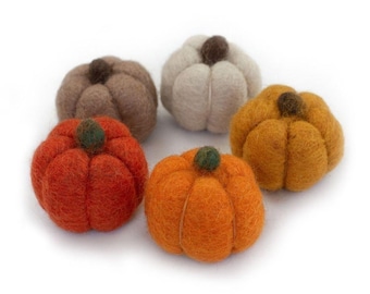 Wool Felt Pumpkin Figurines- Set of 5- Oranges & Tans- Fall Bowl Filler, Autumn Tiered Tray, Halloween Décor- 1.5”- Handmade Gift