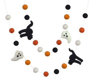 Halloween Garland- Ghost & Cat- Orange, Black- Fall Mantle Banner, Autumn Shelf Decor- Approx 3.5"x4" Cats, 3"x2" Ghosts, 1" Felt Balls