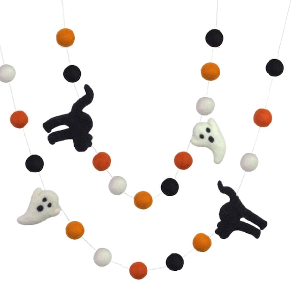 Halloween Garland Ghost & Cat- Orange, Black- Fall Autumn Felt Ball Decor- Approx 3.5"x4" Cats, 3"x2" Ghosts, 1" Felt Balls- 100% Wool Felt